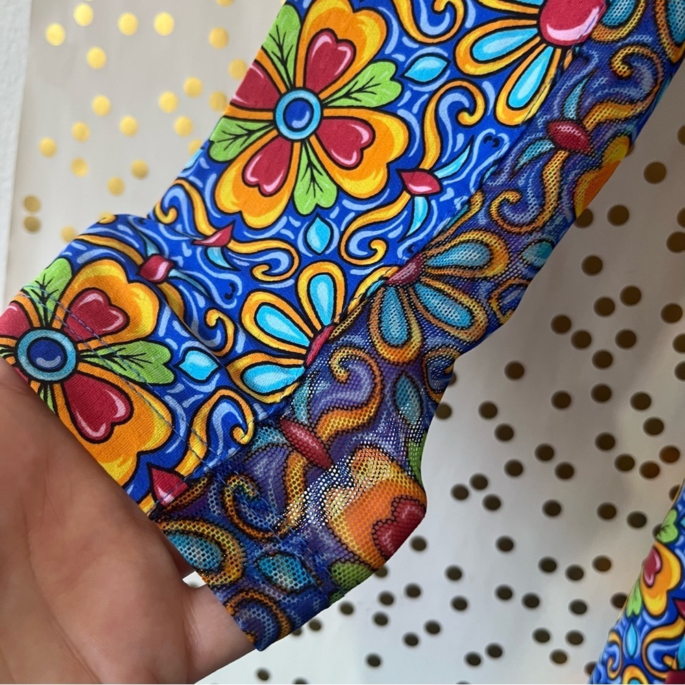 IBKUL Long Sleeve Floral Geometric Print Dress in Blue, Yellow, Red - Picture 3 of 9